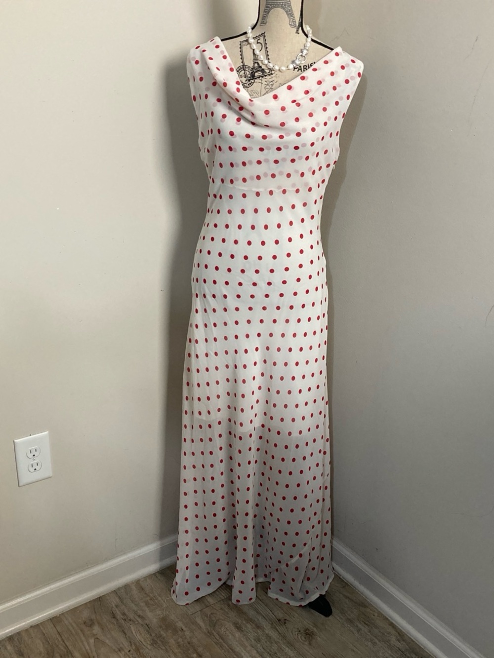 Paper Heart Women’s Sleeveless Ivory Maxi Dress with Red Polka Dots